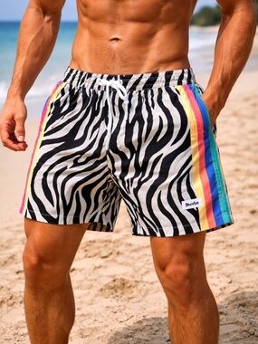 Duvin Zebra Print Swim Trunks Men Size L Multi Elastic Waist Beach Shorts Lined